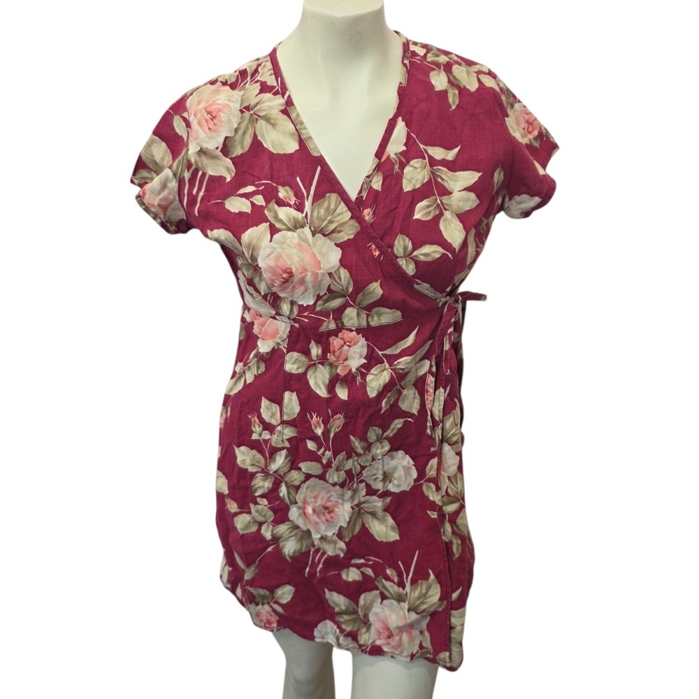 Liz Claiborne Lizwear Wrap Dress Size 6 Floral Linen Cotton V Neck Short Sleeve